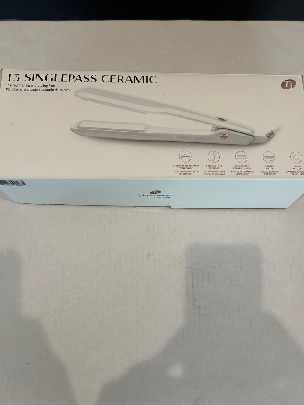 T3 White Single Pass Flat Iron with Rose Gold Accents open box